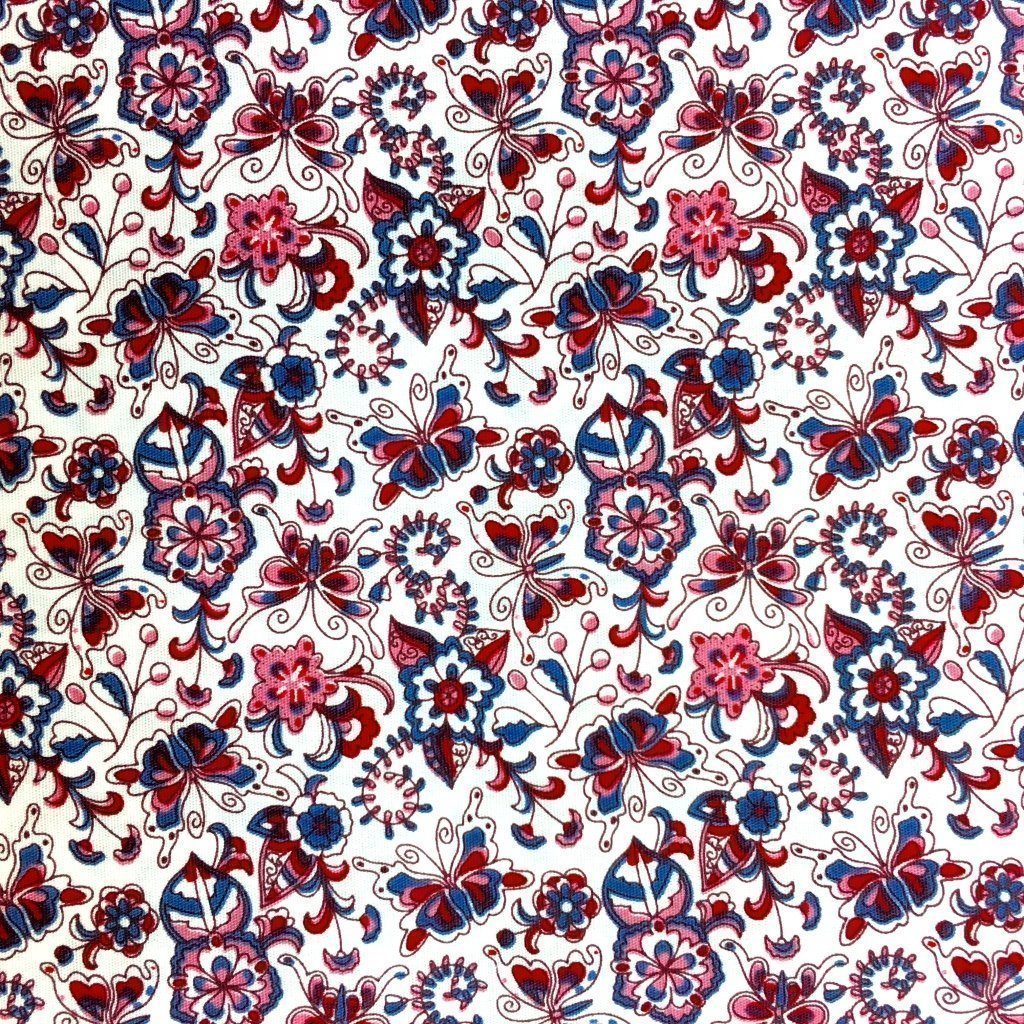 Tissu Coton imprimé Blanc Fleurs Rouges et bleues