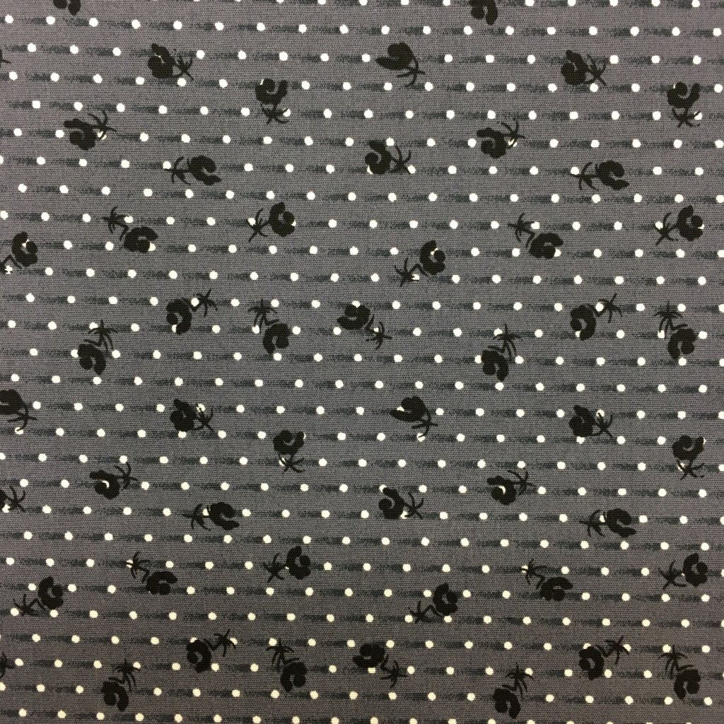 Tissu Coton imprimé Gris anthracite Fleurs Noires