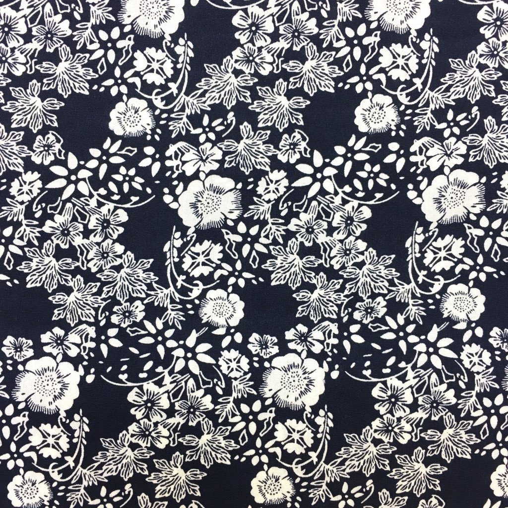 Tissu Coton imprimé Bleu marine Fleurs Blanches