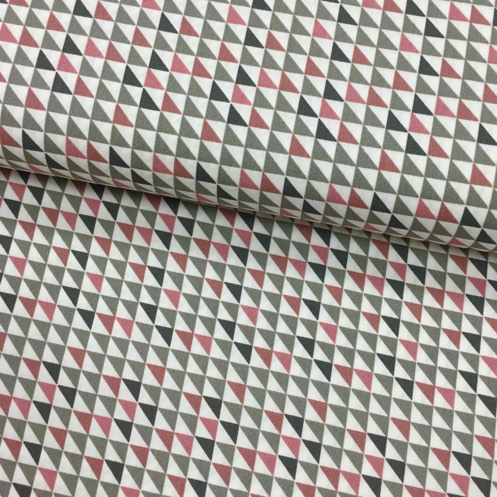 Tissu Popeline imprimée Blanc Motifs aztèques Roses et gris