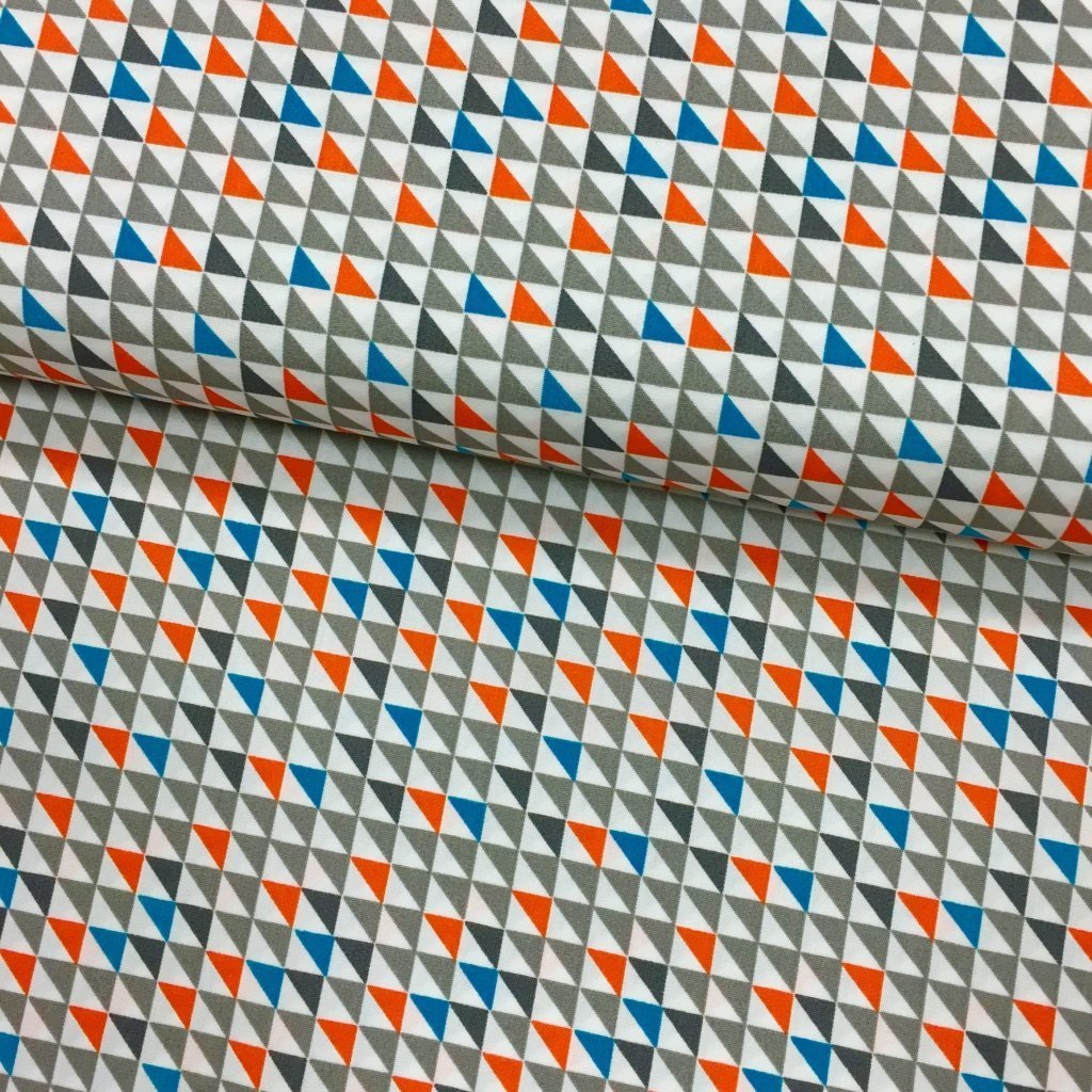 Tissu Popeline imprimée Blanc Motifs aztèques Oranges, bleus et gris