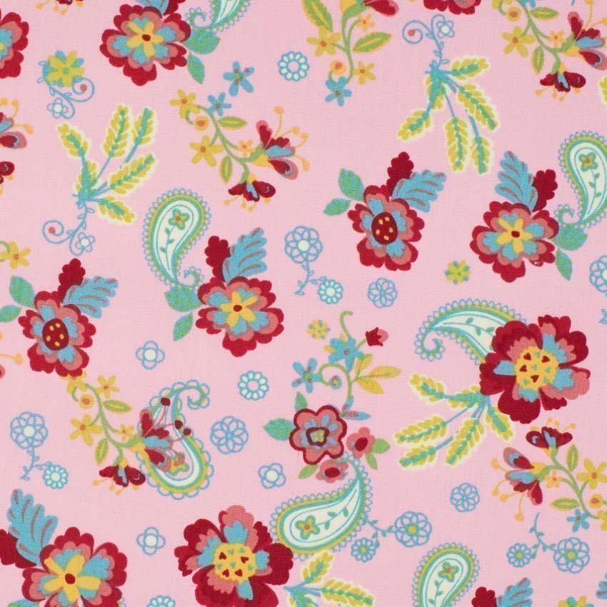 Tissu Popeline Coton Rose Fleurs multicolores