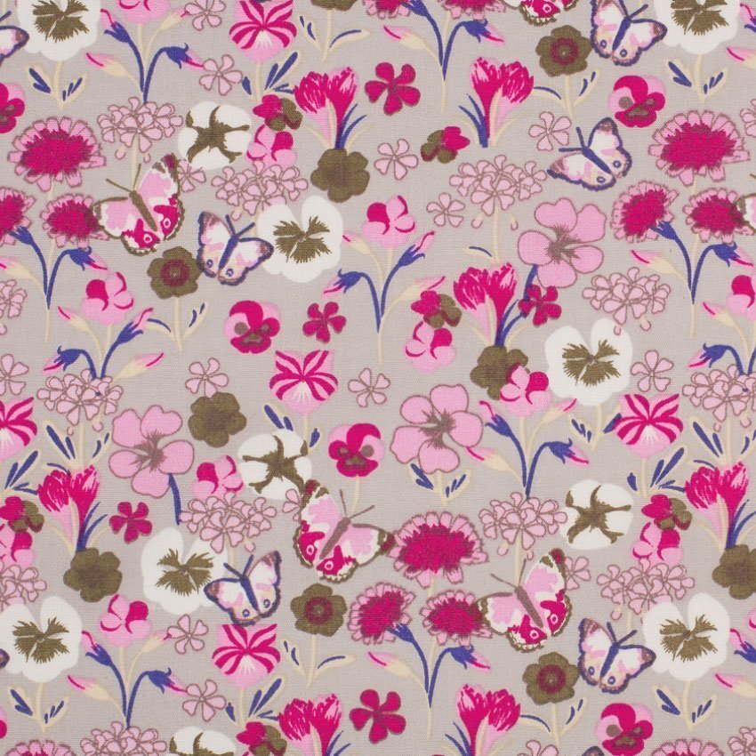 Tissu Popeline Coton Gris Fleurs fushia et roses