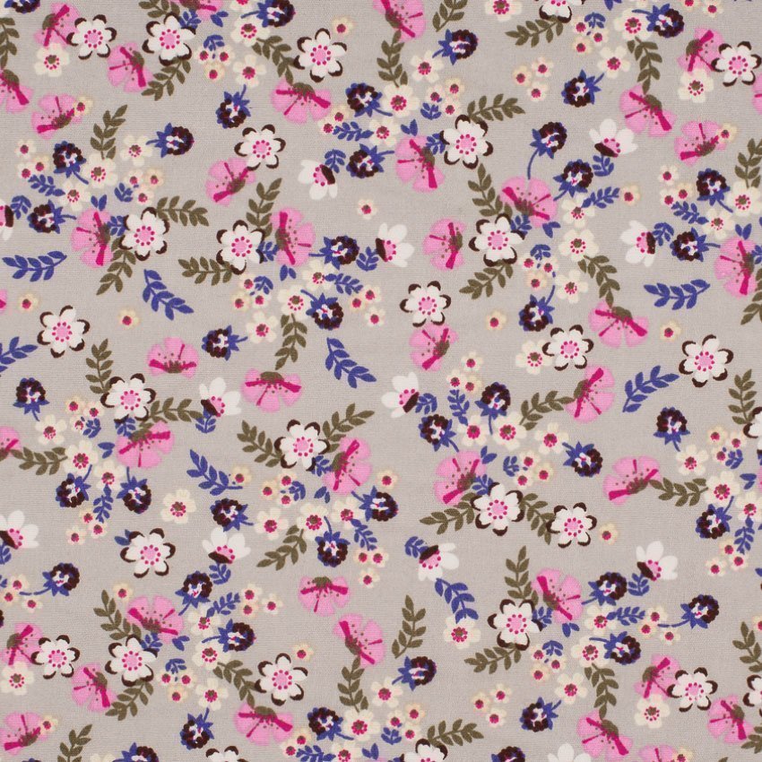 Tissu Popeline Coton Gris Fleurs roses et bleus