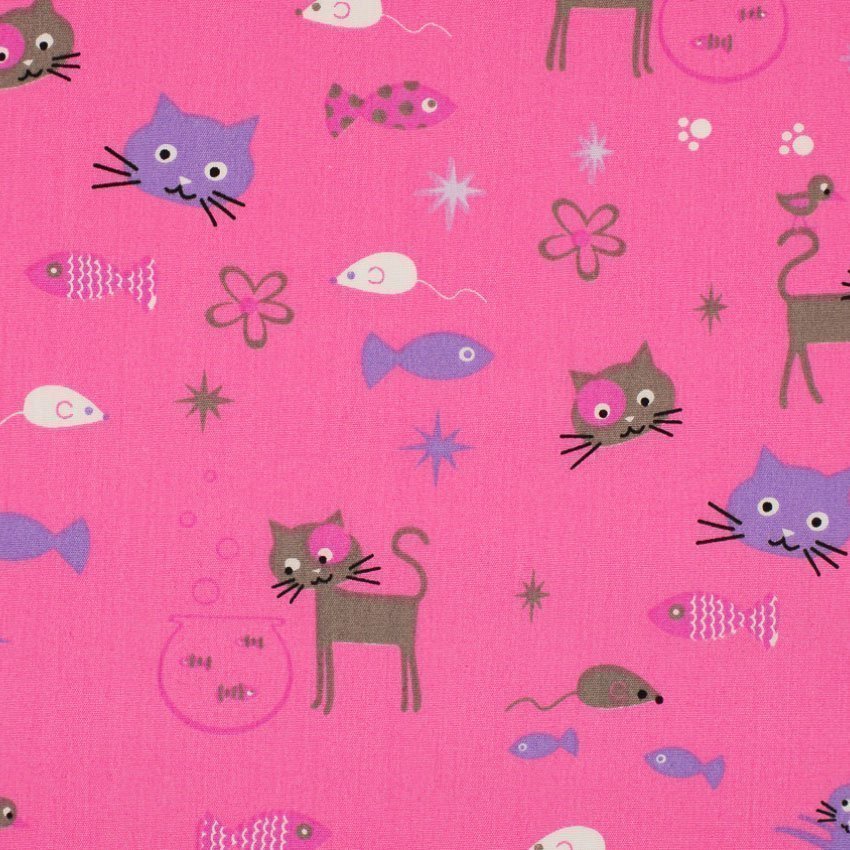 Tissu Popeline Coton Rose Chats et poissons gris et violets
