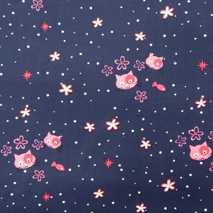 Tissu Popeline Coton Bleu marine Chats et poissons roses