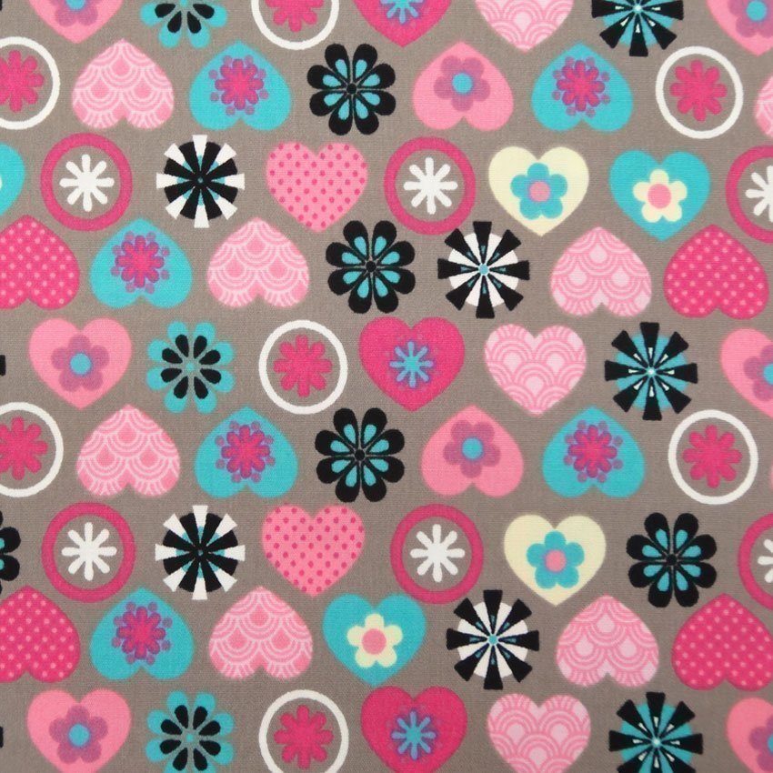 Tissu Popeline Coton Gris pierre Cœurs et cercles roses et bleus