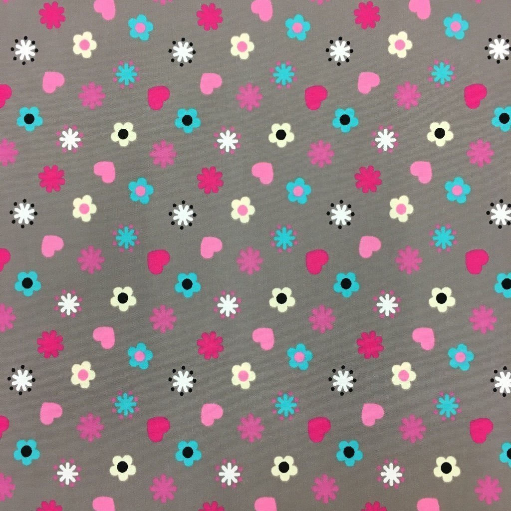 Tissu Coton imprimé Taupe Fleurs Roses et bleues