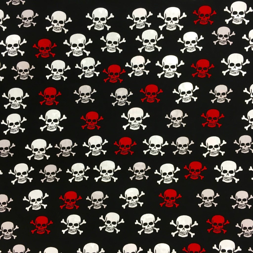 Tissu Coton Noir Têtes de mort blanches et rouges