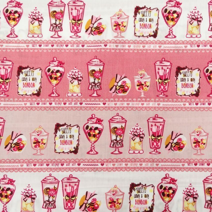 Tissu Popeline Coton Rose bébé Tasses de bonbons fushia et blanc