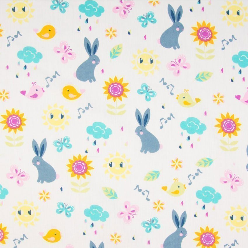 Tissu Popeline Coton Blanc Animaux nature multicolores