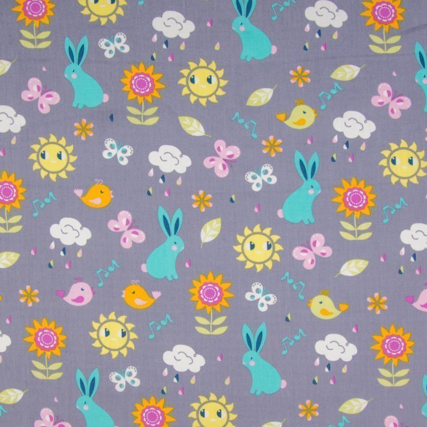 Tissu Popeline Coton Gris pierre Animaux nature multicolores