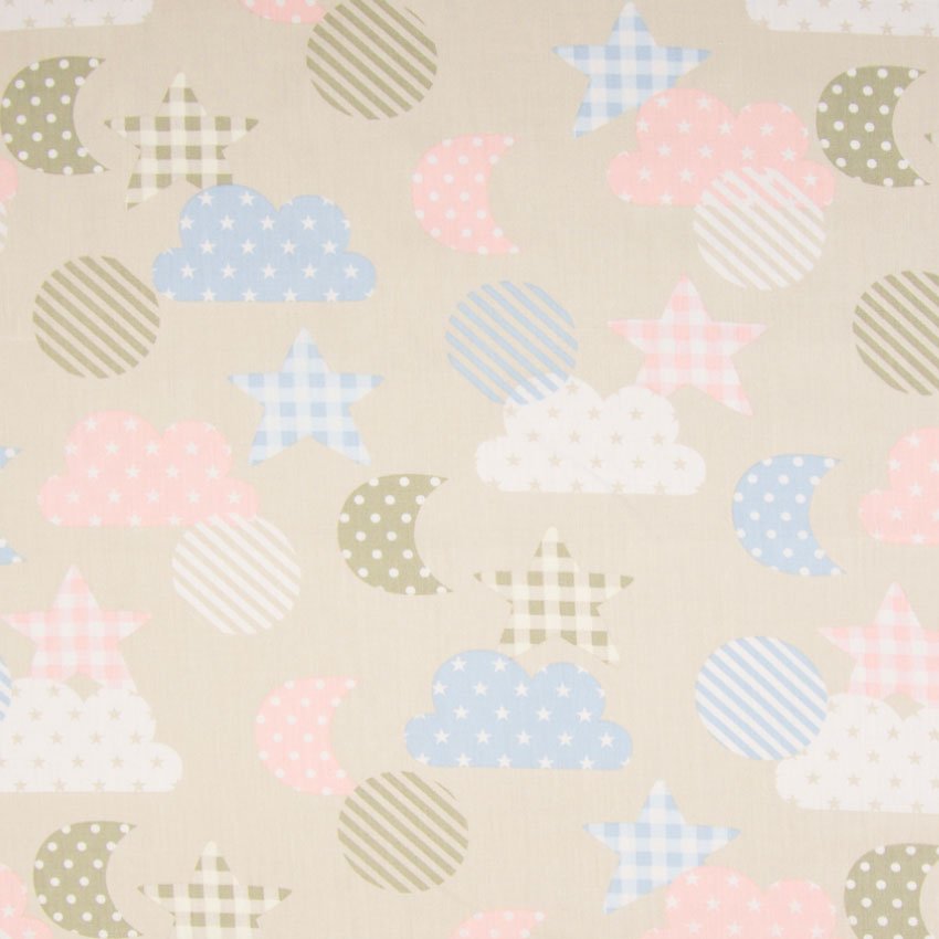 Tissu Popeline Coton Beige Lunes, nuages et étoiles multicolore