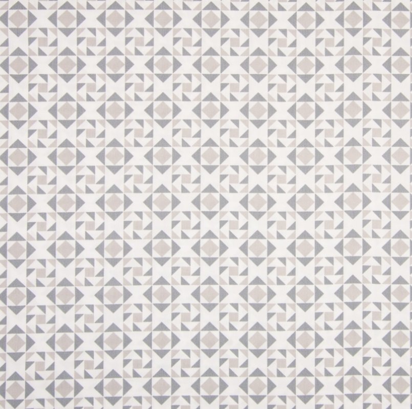 Tissu Popeline Coton Blanc Motifs géométriques Gris clair et beige