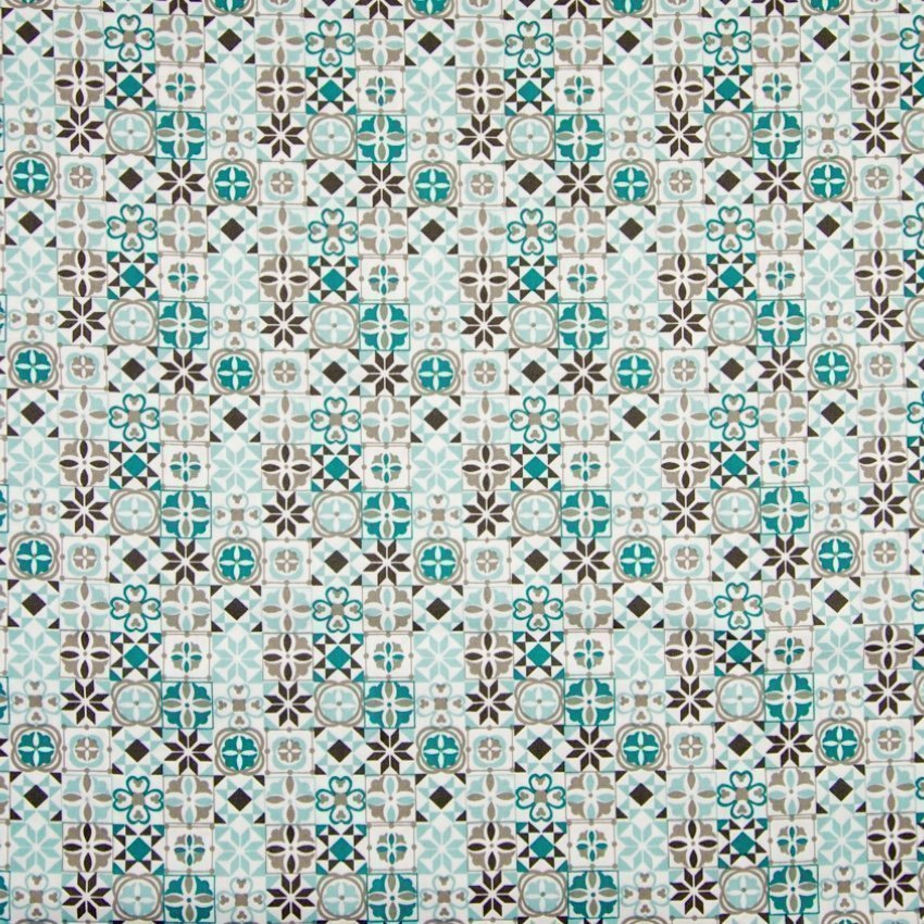Tissu Popeline Coton Blanc Motifs géométriques Vert d'eau et taupe