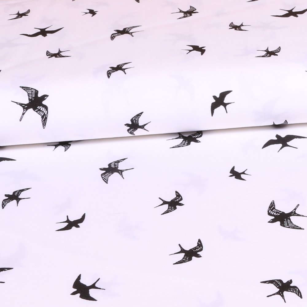 Tissu Coton LittleBird Blanc Oiseaux Noirs