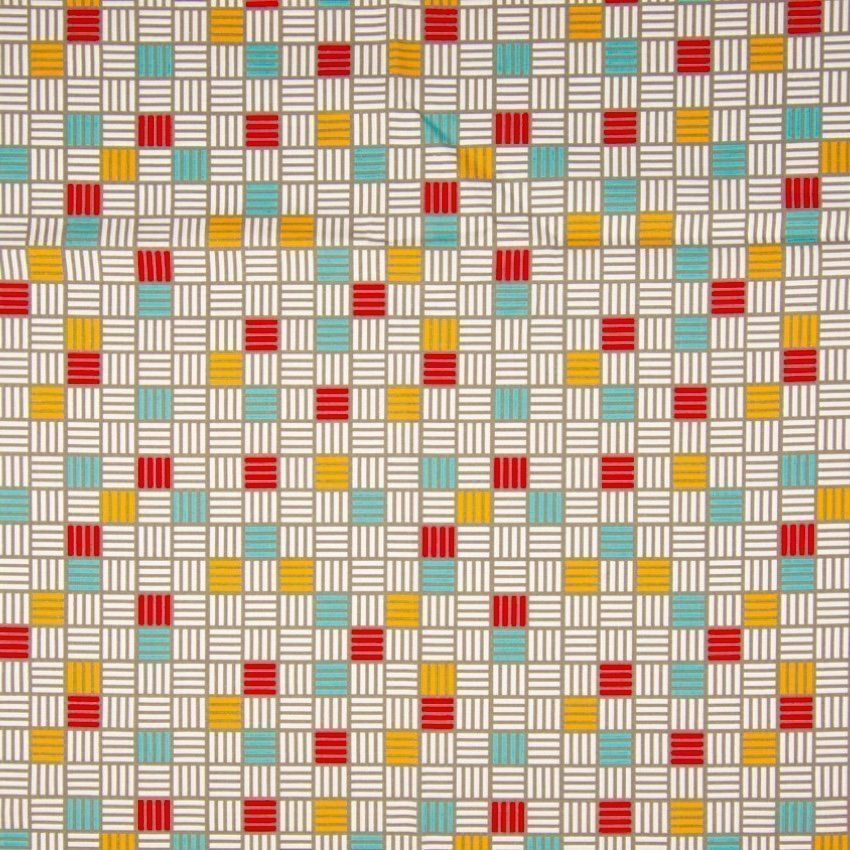 Tissu Popeline Coton Blanc Motifs géométriques Rouge et bleu