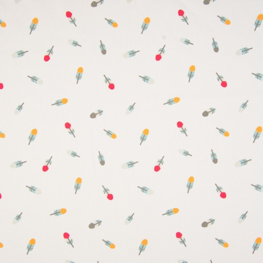 Tissu Popeline Coton Blanc Plumes Rouge et bleu