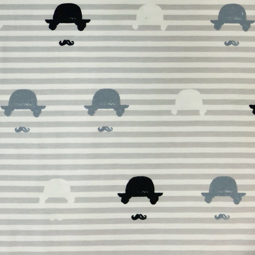 Tissu Jersey Coton Gris clair Rayures et chapeaux noirs et blancs