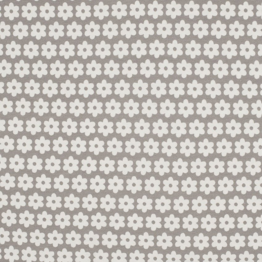 Tissu Jersey Coton Taupe Fleurs blanches