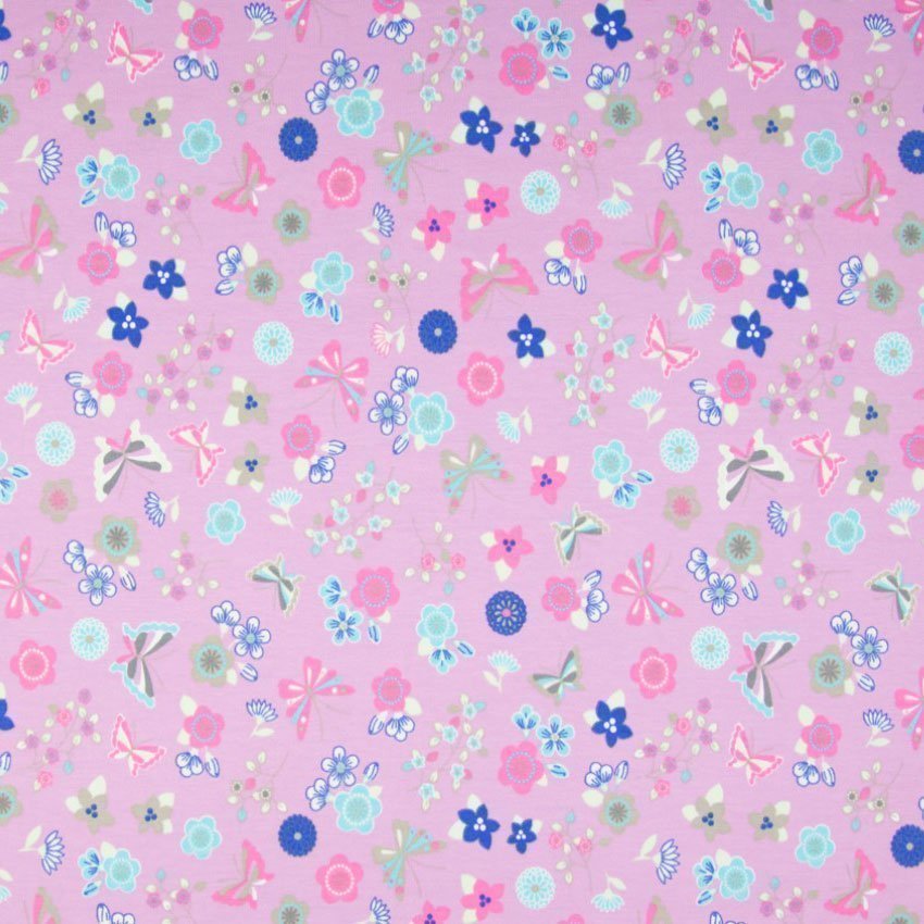 Tissu Jersey Coton Parme Fleurs et papillons bleus et roses