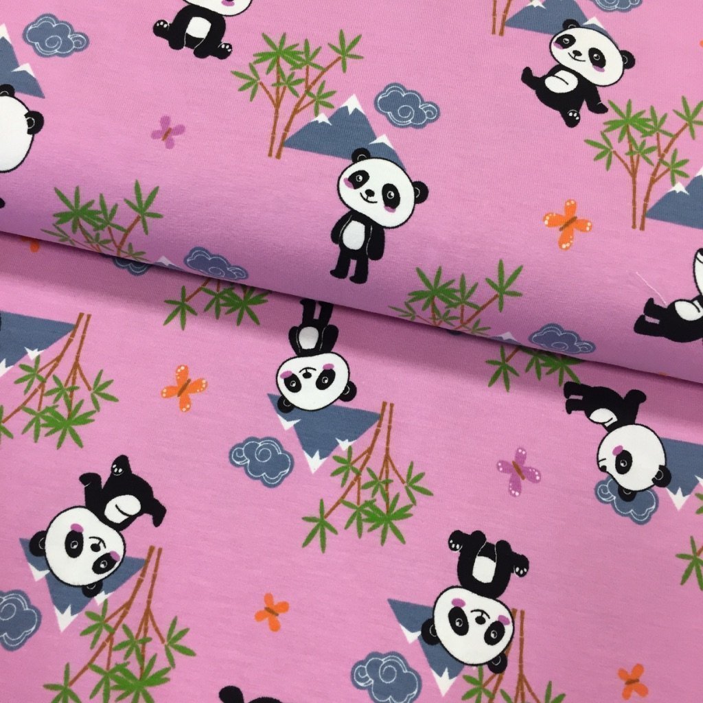 Tissu Jersey coton Rose Pandas Noirs et blancs