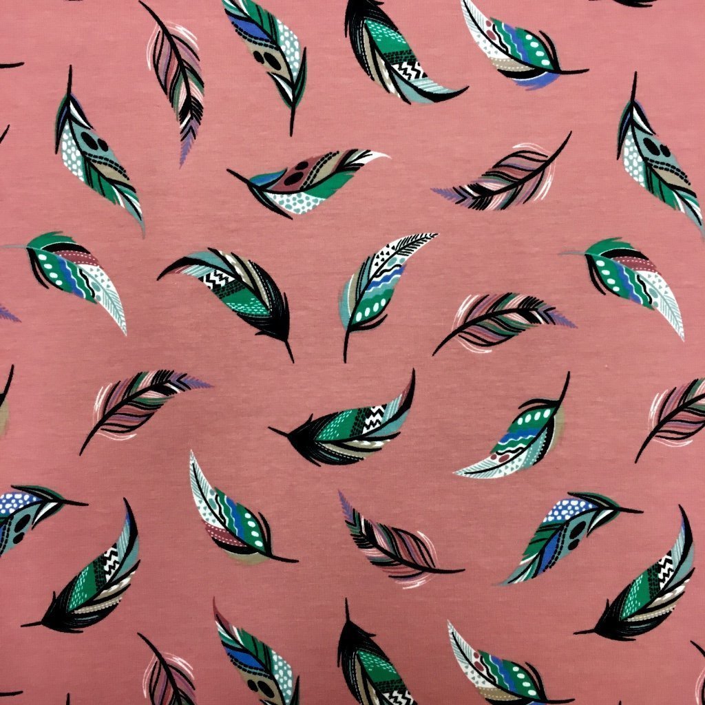 Tissu Jersey Coton Rose Plumes Bleues et noires