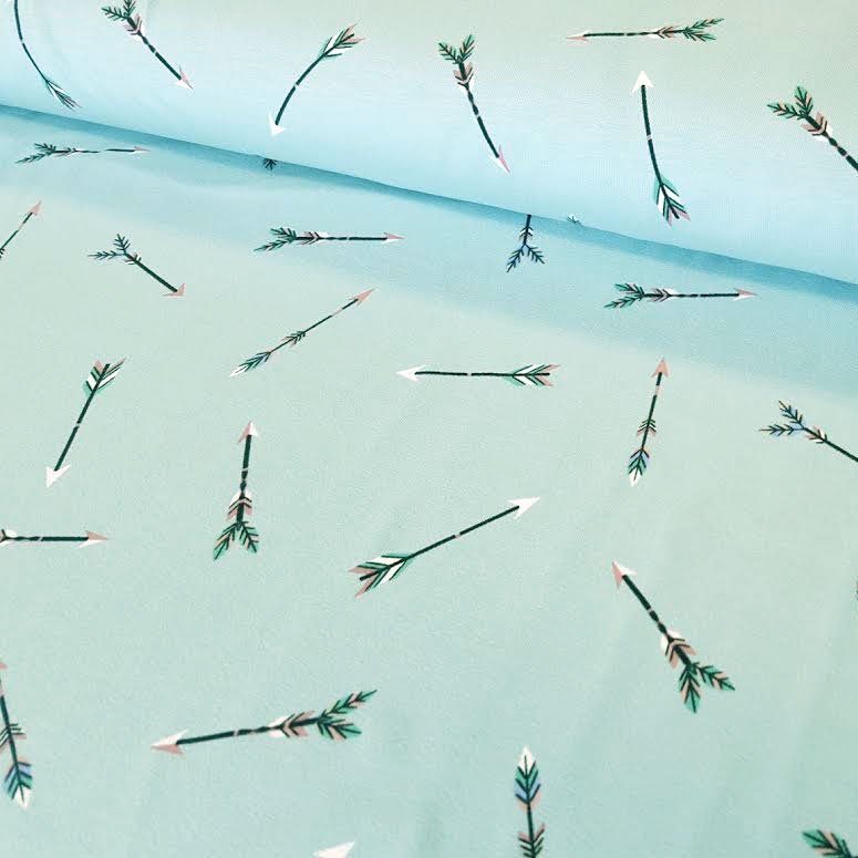 Tissu Jersey Coton Bleu vert Flèches multicolores