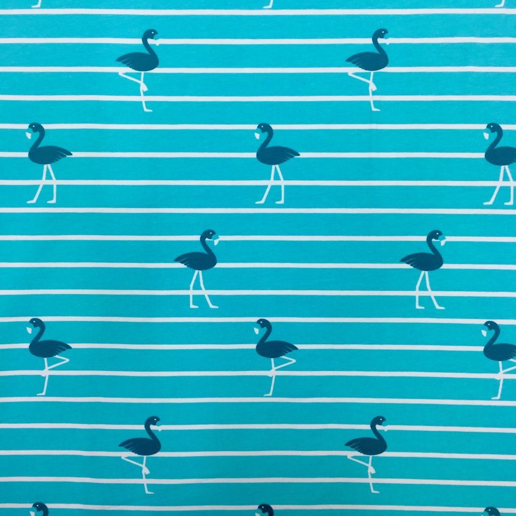 Tissu Jersey Coton Marinière Bleu turquoise et blanc Flamants Bleus vert