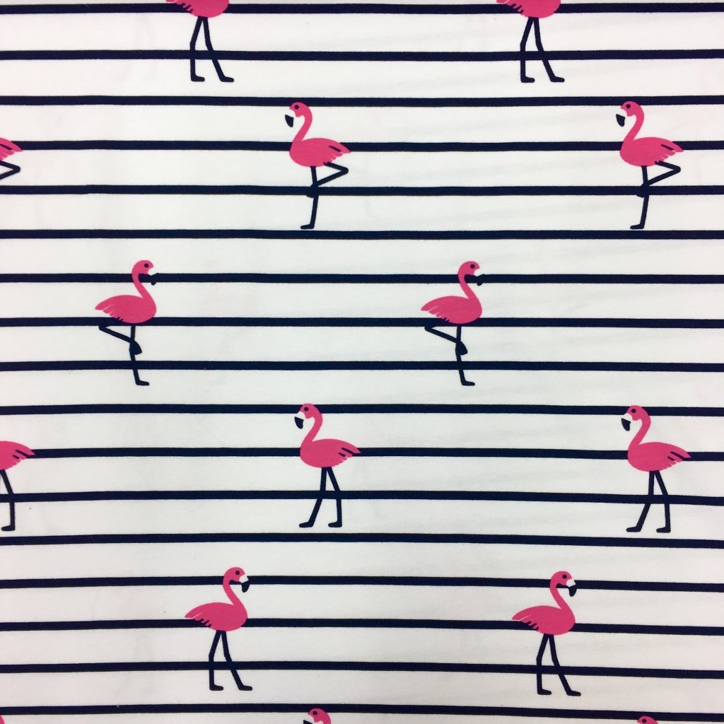 Tissu Jersey Coton Marinière Bleu marine et blanc Flamants Roses