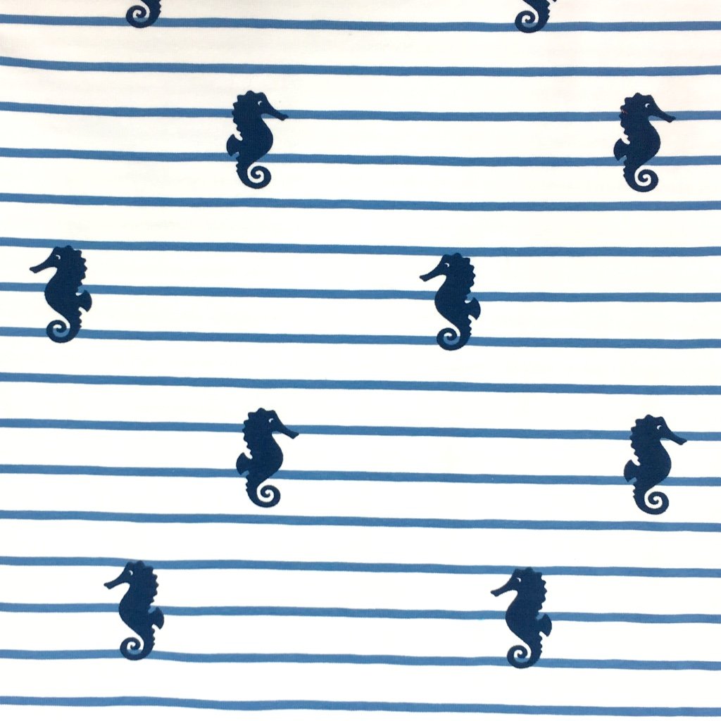 Tissu Jersey Coton Marinière Bleu et blanc Hippocampes Bleus marine