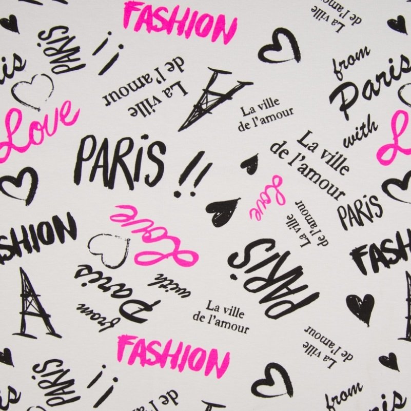 Tissu Jersey coton Gris clair Lettres et cœurs Noirs et fushias