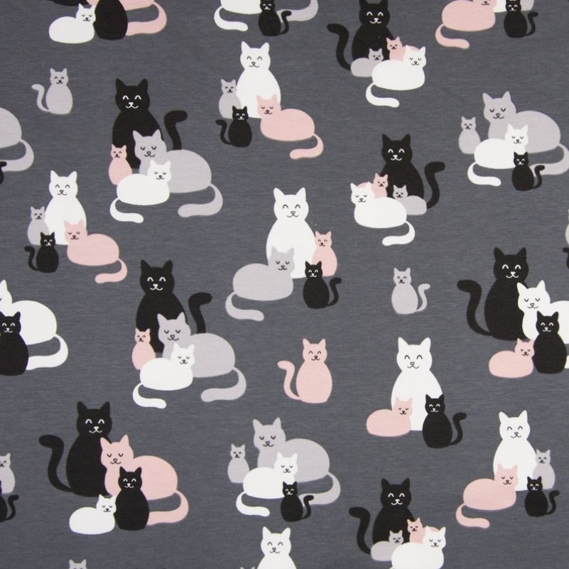 Tissu Jersey coton Gris foncé Chats Roses pâles et gris