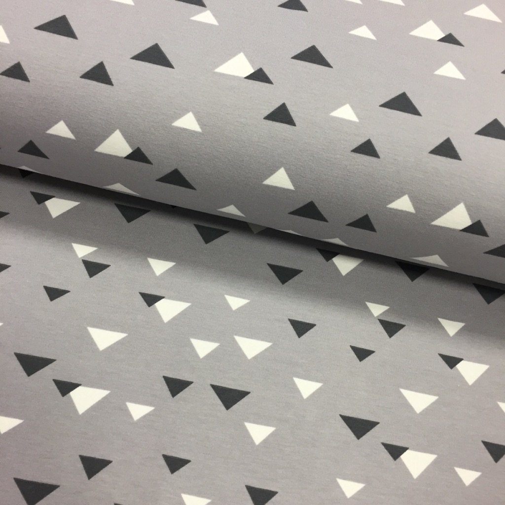 Tissu Jersey coton Gris clair Triangles Gris foncés et blancs