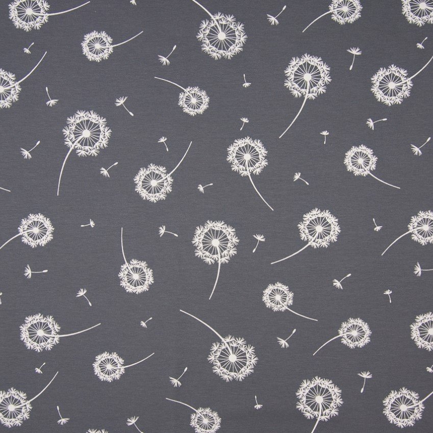 Tissu Jersey Coton Lily Gris foncé Pissenlits Blancs