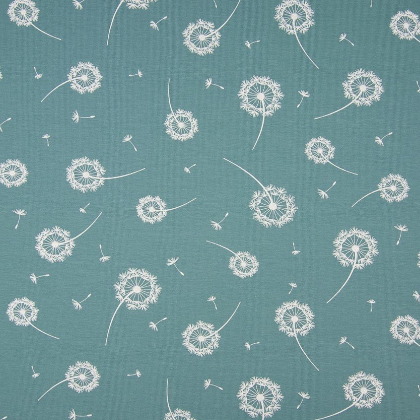 Tissu Jersey Coton Lily Vert d'eau Pissenlits Blancs