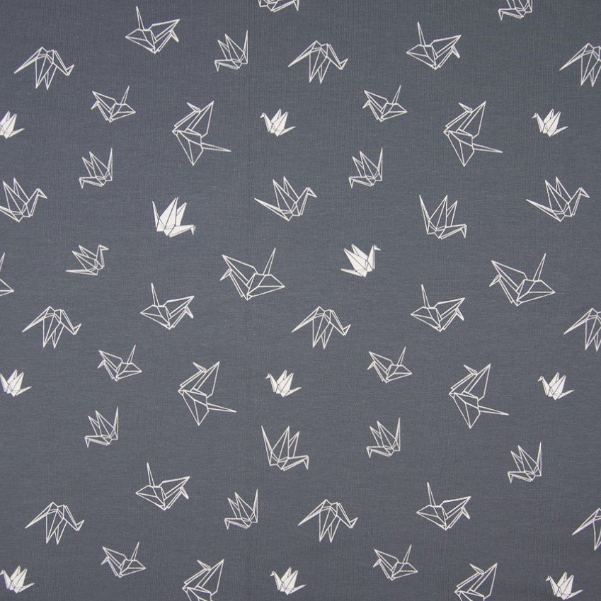 Tissu Jersey Coton Lily Gris foncé Grues origami Blanches
