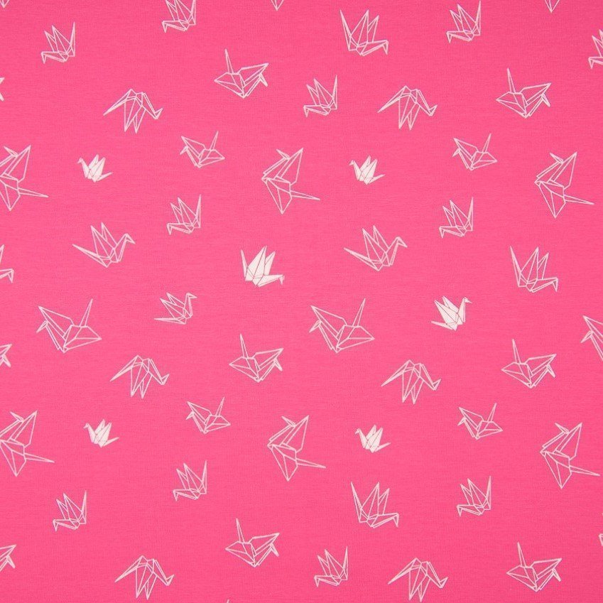 Tissu Jersey Coton Lily Corail Grues origami Blanches