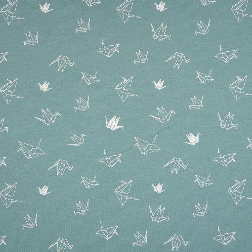 Tissu Jersey Coton Lily Vert d'eau Grues origami Blanches