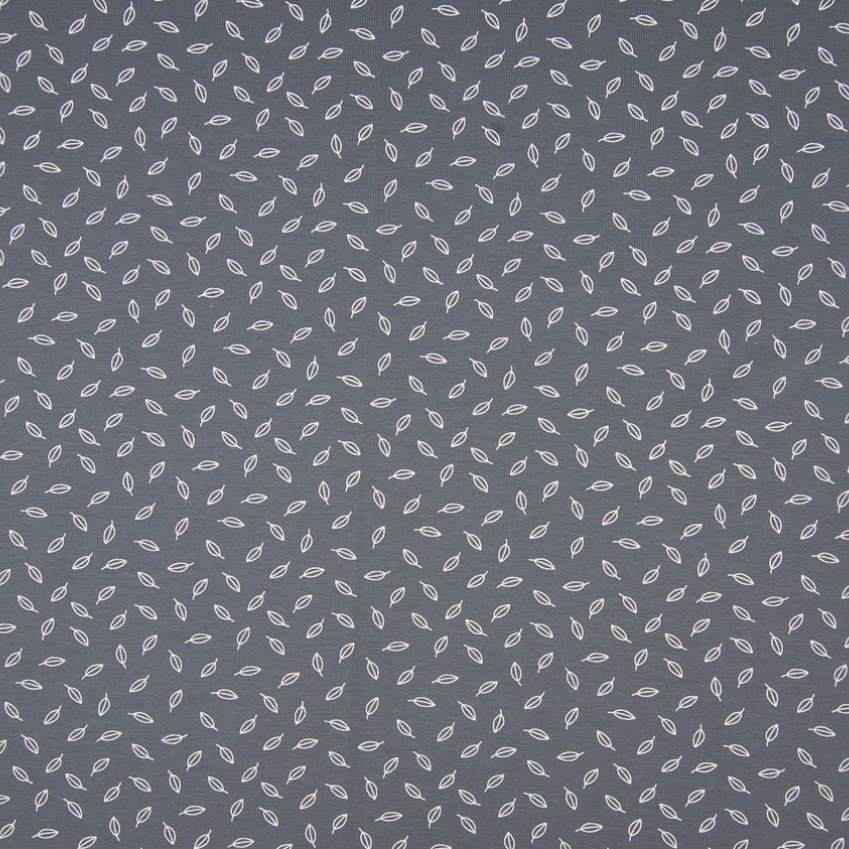 Tissu Jersey Coton Lily Gris foncé Feuilles Blanches