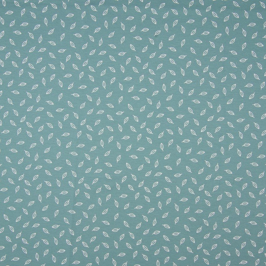 Tissu Jersey Coton Lily Vert d'eau Feuilles Blanches
