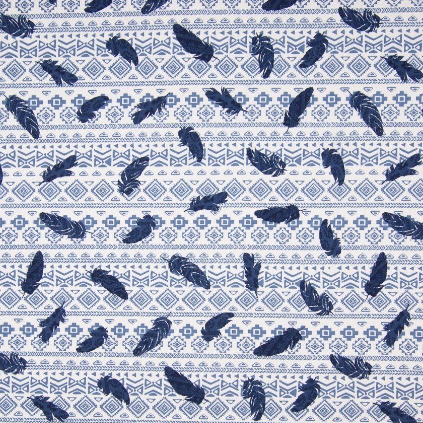 Tissu Jersey Coton Lisa Bleu marine Motifs Aztèques et plumes Blancs