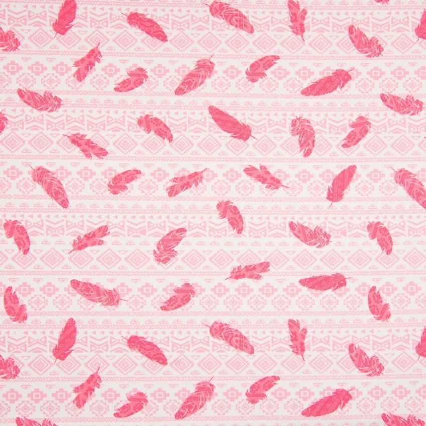 Tissu Jersey Coton Lisa Corail Motifs Aztèques et plumes Blancs
