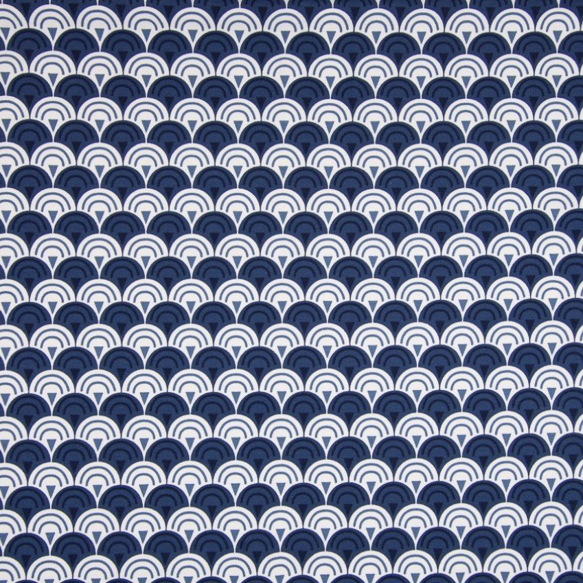 Tissu Jersey Coton Lisa Bleu marine Motifs Aztèques soleils levants Blancs