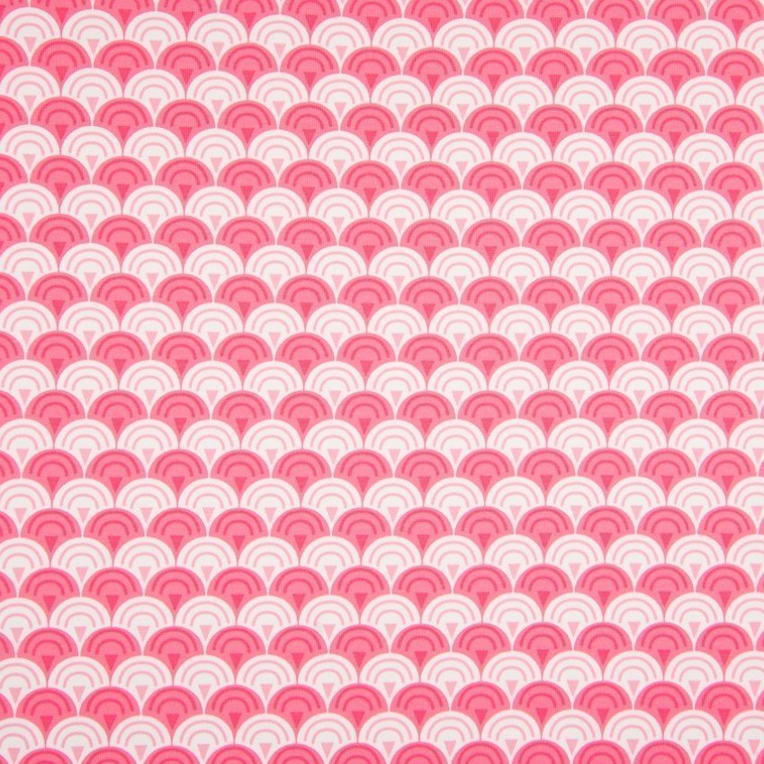 Tissu Jersey Coton Lisa Corail Motifs Aztèques soleils levants Blancs