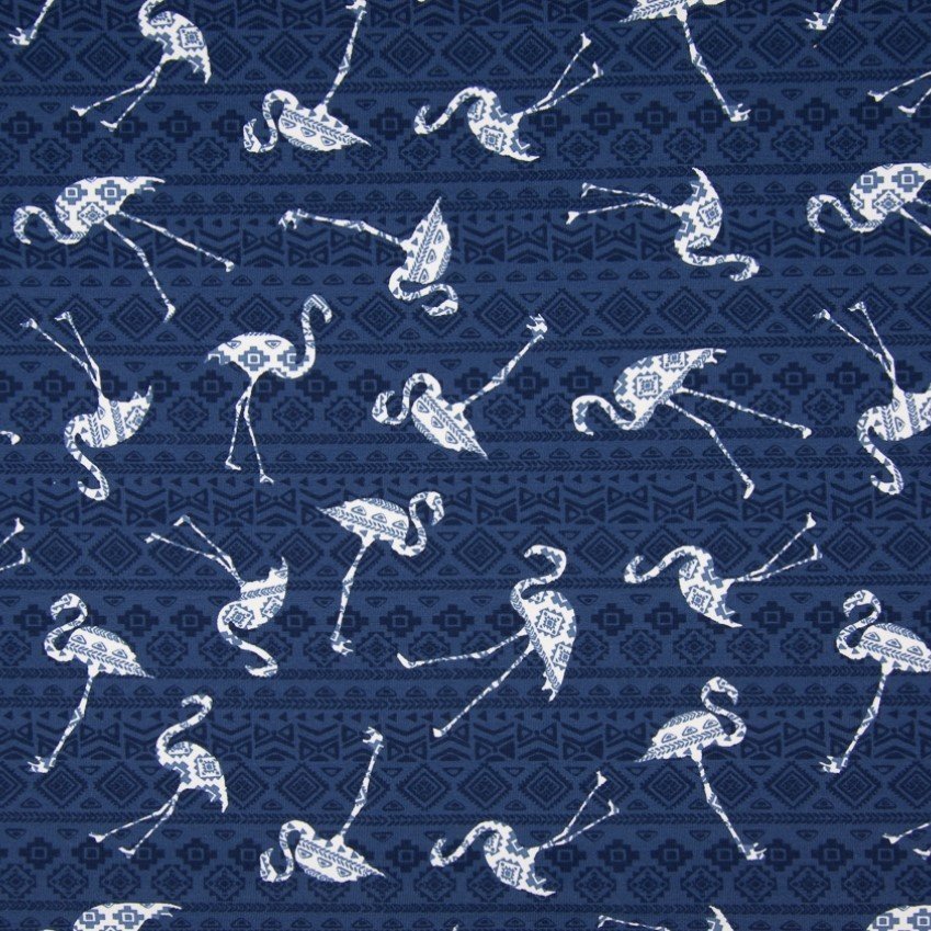 Tissu Jersey Coton Lisa Bleu marine Motifs Aztèques et flamants Blancs