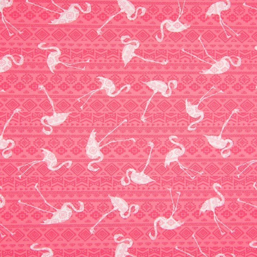 Tissu Jersey Coton Lisa Corail Motifs Aztèques et flamants Blancs