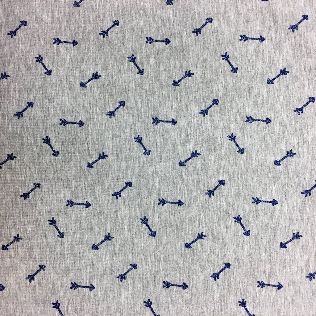 Tissu Jersey Coton Gris chiné Flèches paillettes Bleus
