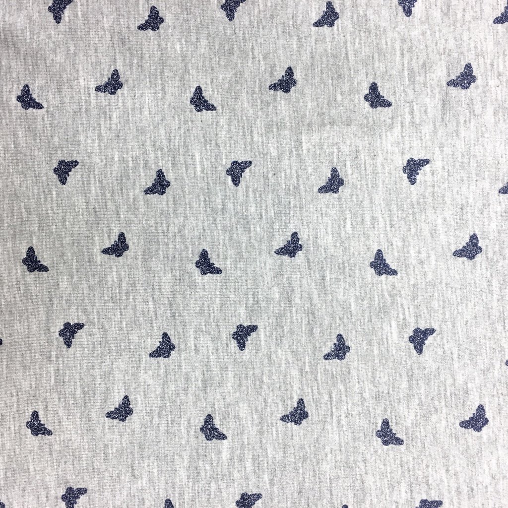 Tissu Jersey Coton Gris chiné Papillons paillettes Bleus