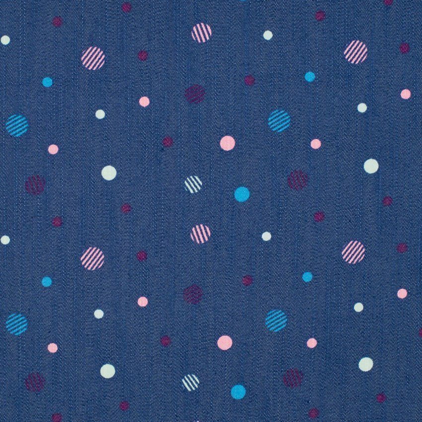 Tissu Denim Bleu foncé Pois roses et bleus